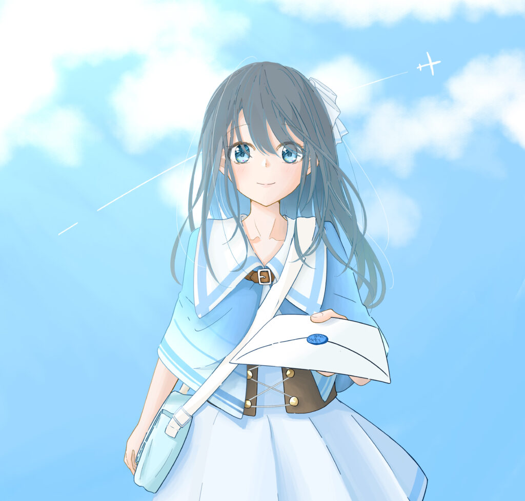 Whimsical Anime Postman Girl Wallpaper with Bright Blue Sky