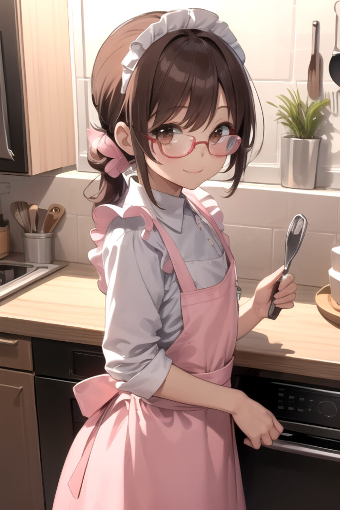 Cozy Anime Girl in Pink Apron: Charming Kitchen Wallpaper