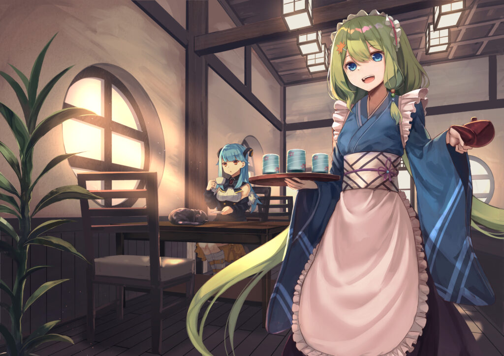 Kimono Waitress in Tranquil Japanese Tea House - Anime Wallpaper