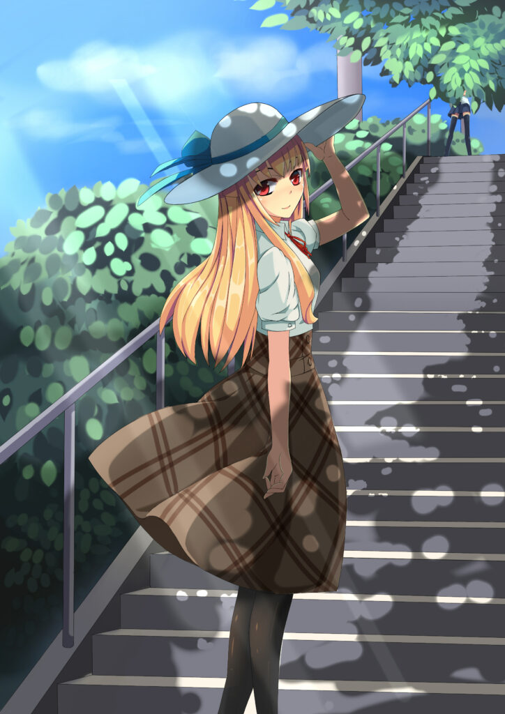 Charming Anime Girl on Sunlit Staircase with Stylish Hat & Greenery Wallpaper