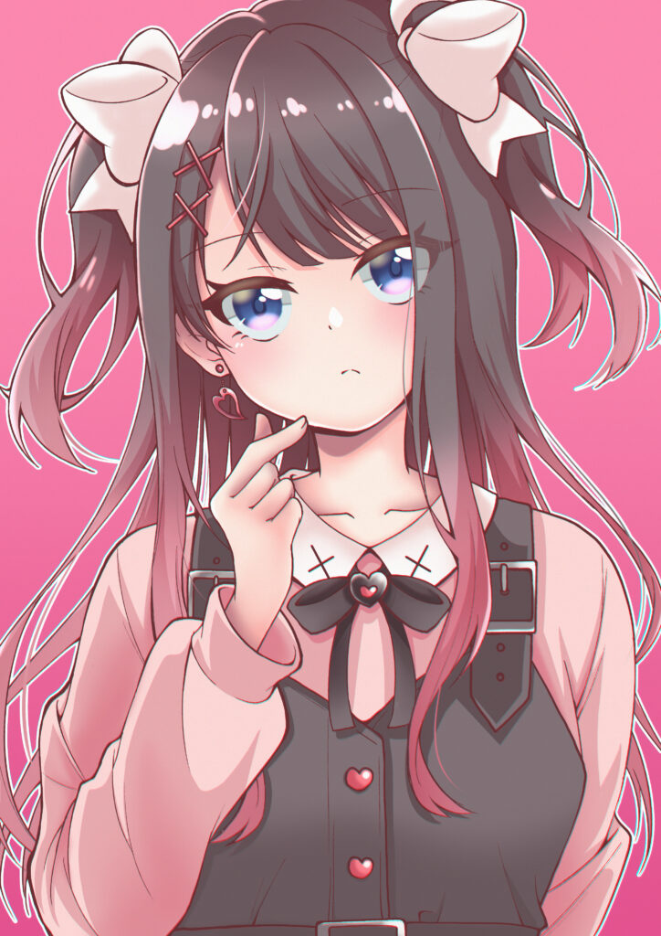 Charming Anime Wallpaper: Girl with Blue Eyes & Playful Pink Background