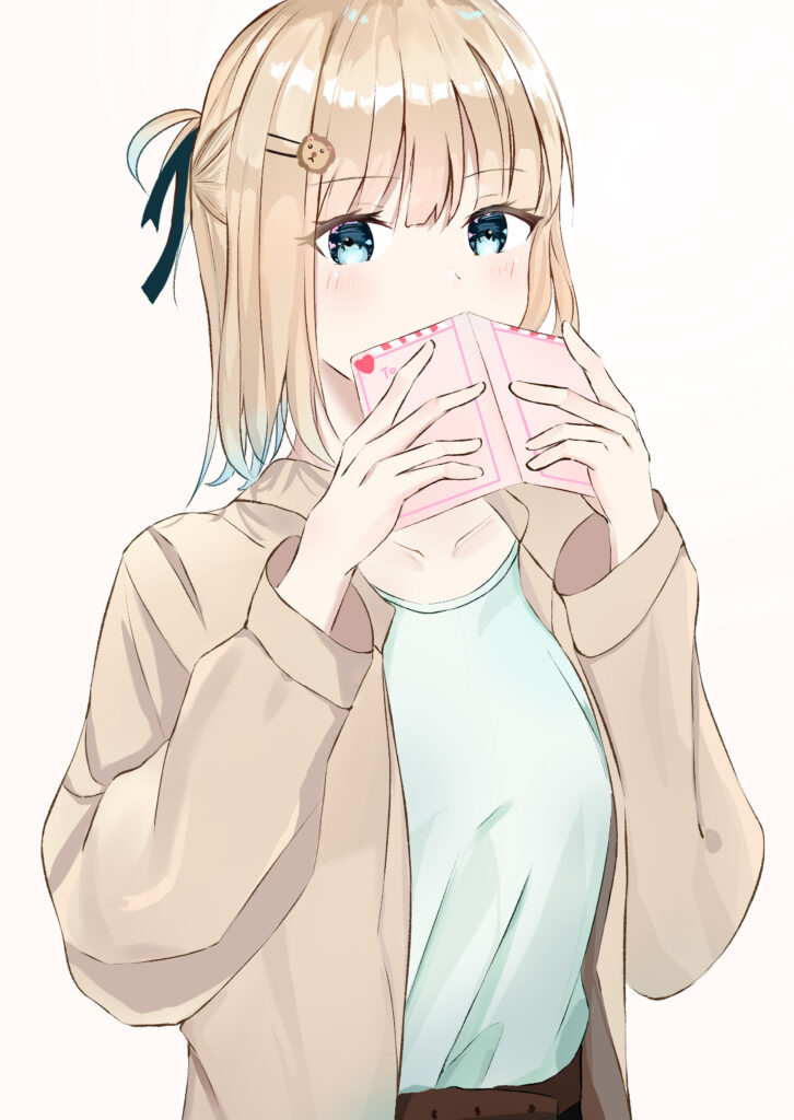 Charming Anime Wallpaper: Blushing Girl with Postcard & Soft Colors