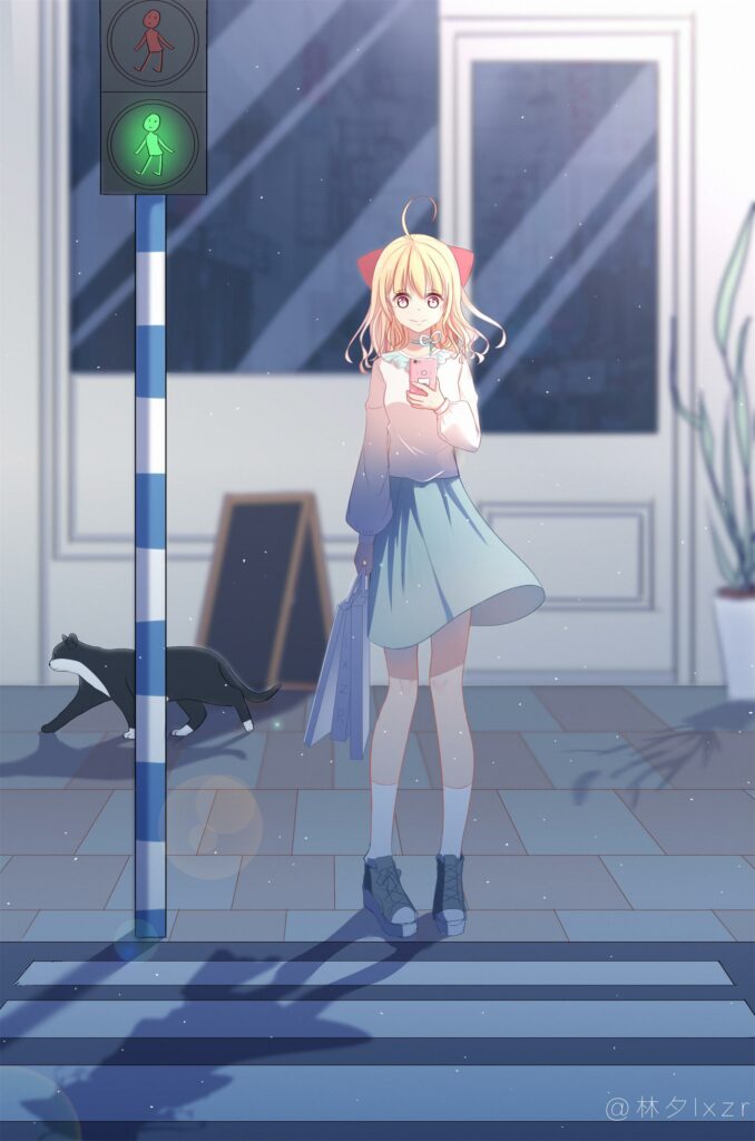 Charming Anime Wallpaper: Girl by Traffic Light with Cat & Shopping Bag