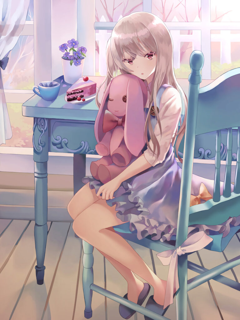 Charming Anime Wallpaper: Girl with Rabbit, Cozy Table Setting