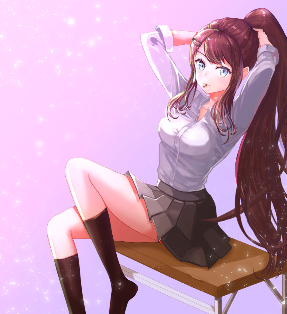 Charming Anime Wallpaper: Girl in Ponytail on Pink Sparkling Bench