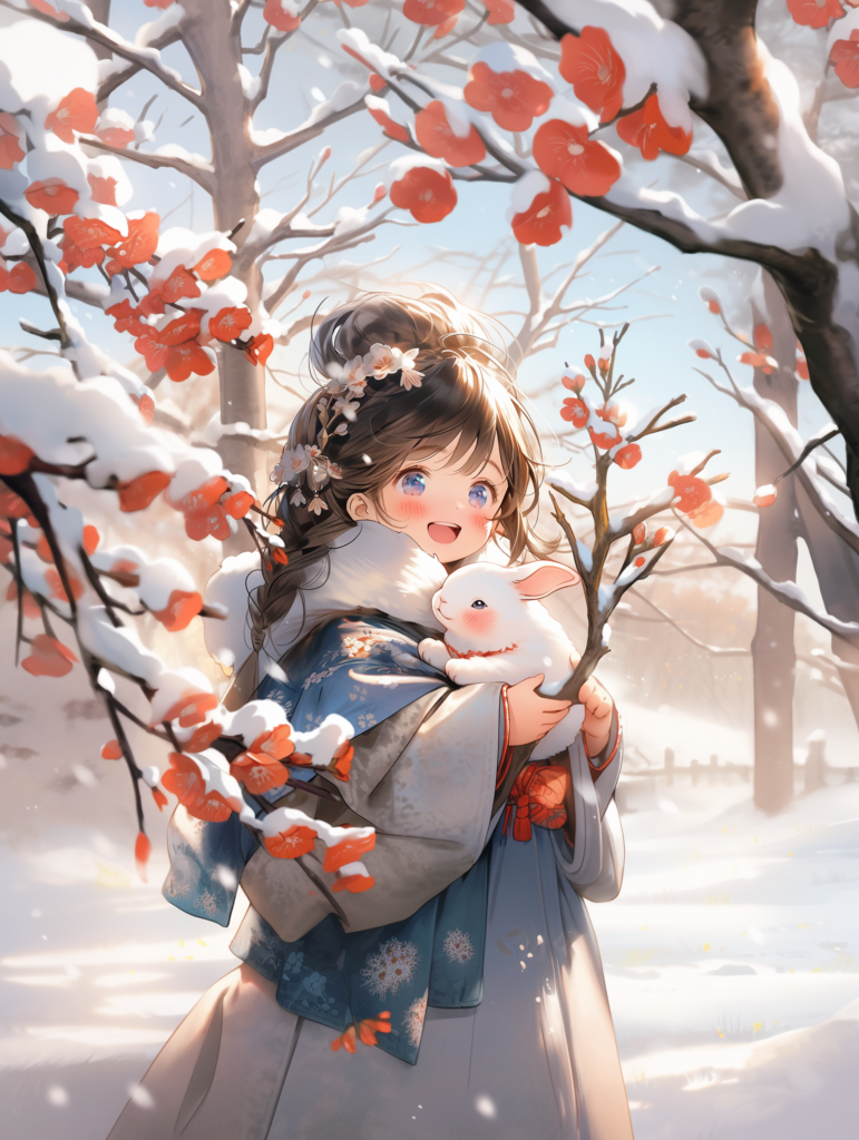 Charming Anime Wallpaper: Girl with Rabbit in Winter Wonderland