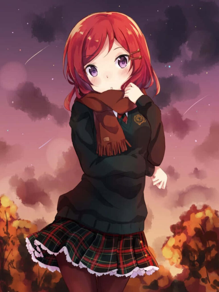 Charming Anime Character Wallpaper: Vibrant Red Hair & Starry Dusk Sky