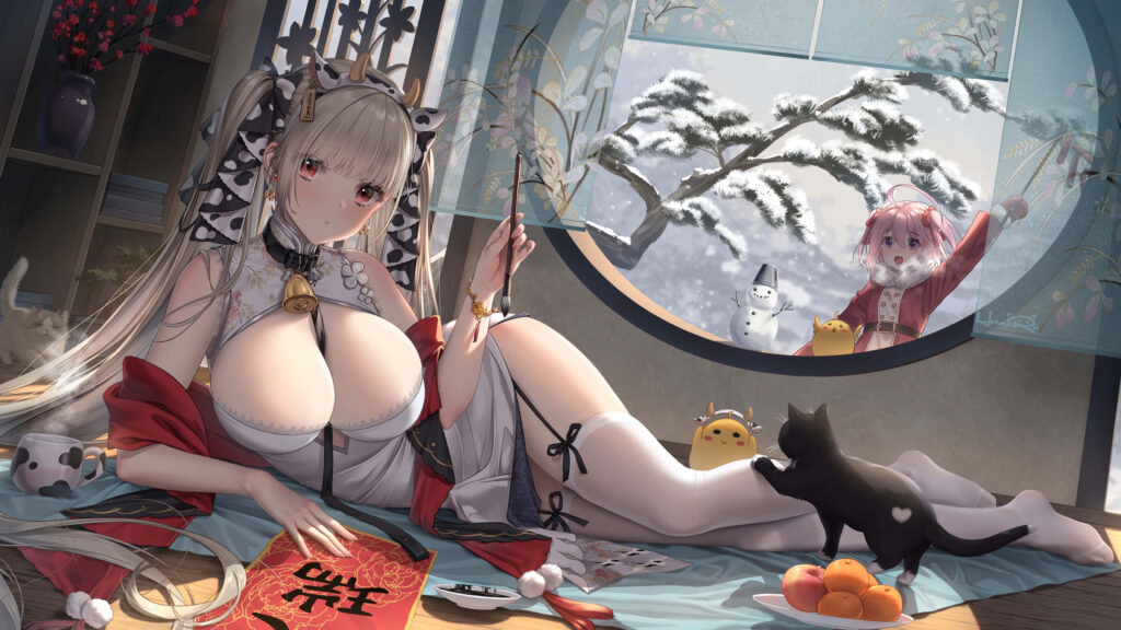 Charming Anime Wallpaper with Snowy Scene and Whimsical Details