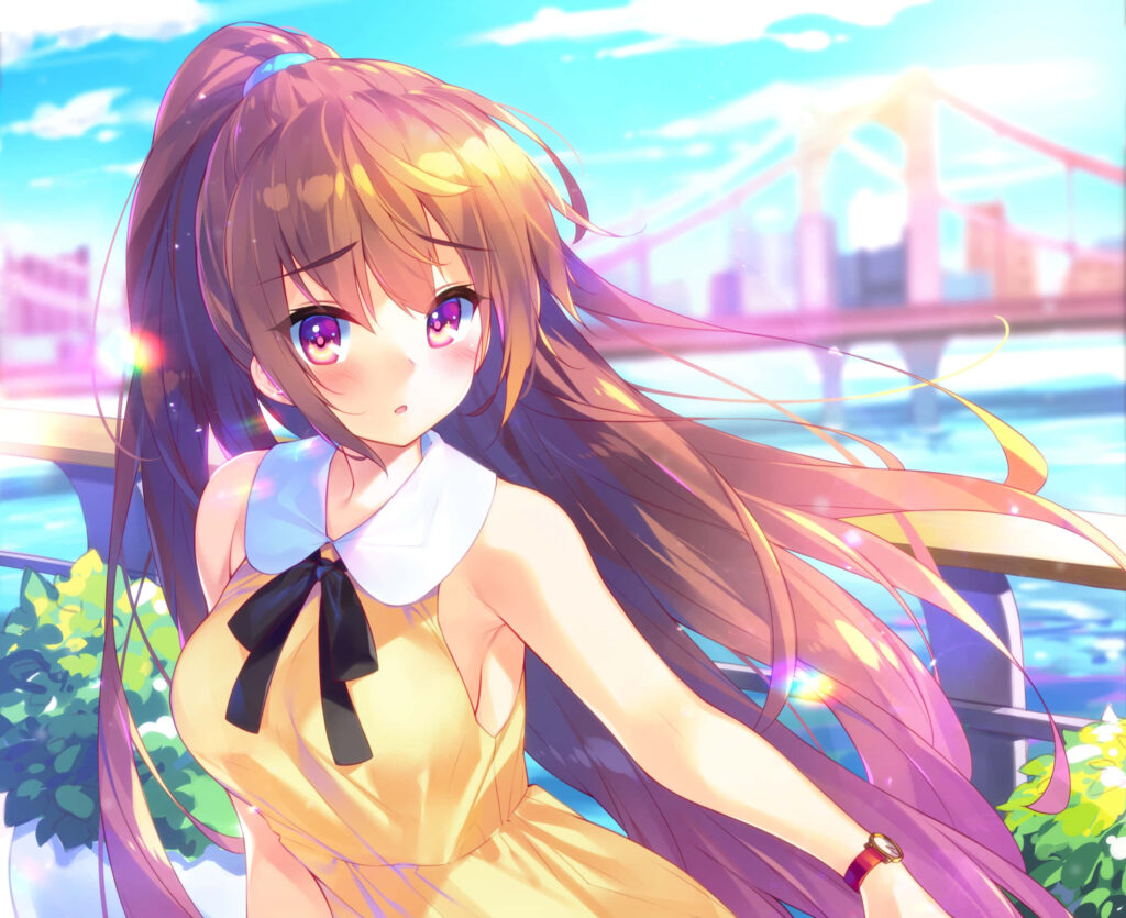 Charming Anime Wallpaper: Shy Girl by a Sunny Riverside Bridge
