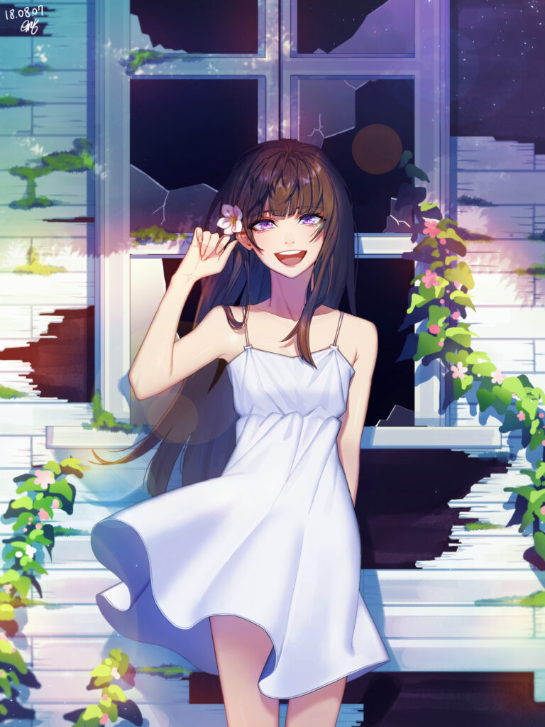 Enchanting Anime Wallpaper: Smiling Girl in a Window with Flowers