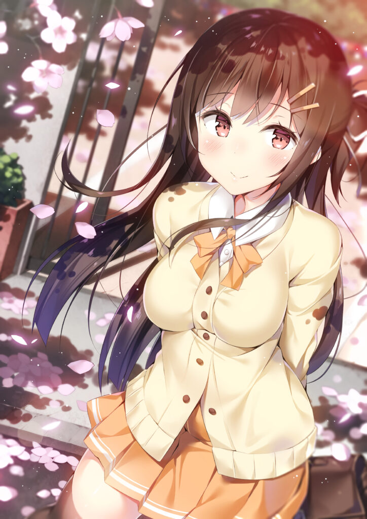 Charming Anime Wallpaper: Smiling Girl in Yellow Sweater & Petals