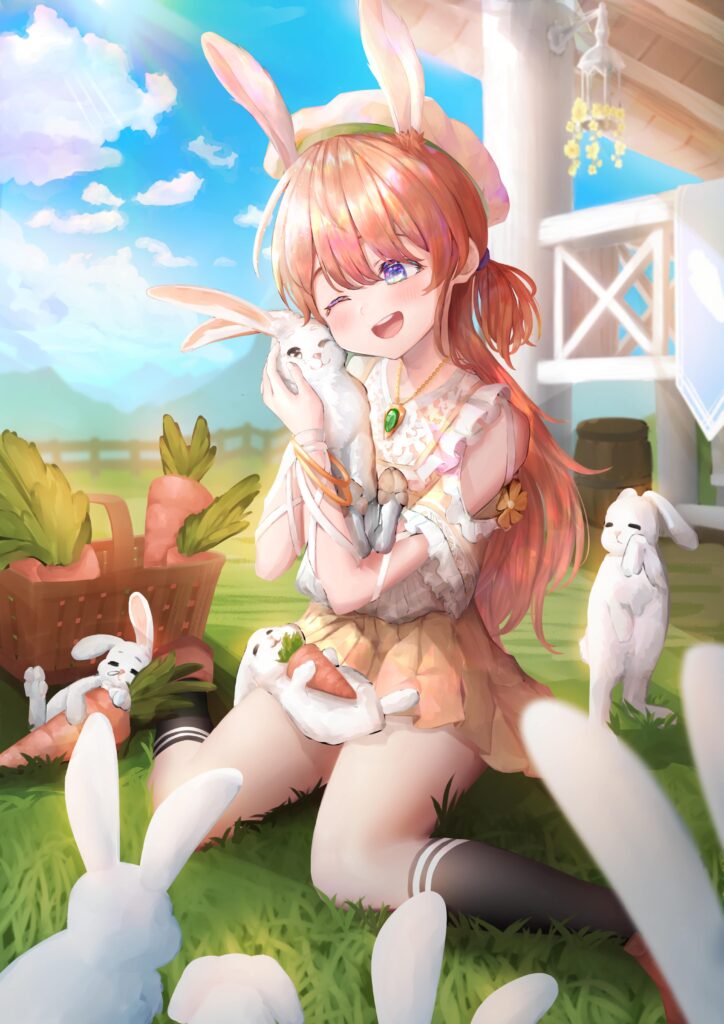 Charming Anime Wallpaper: Girl with Bunny Ears & Adorable Rabbits