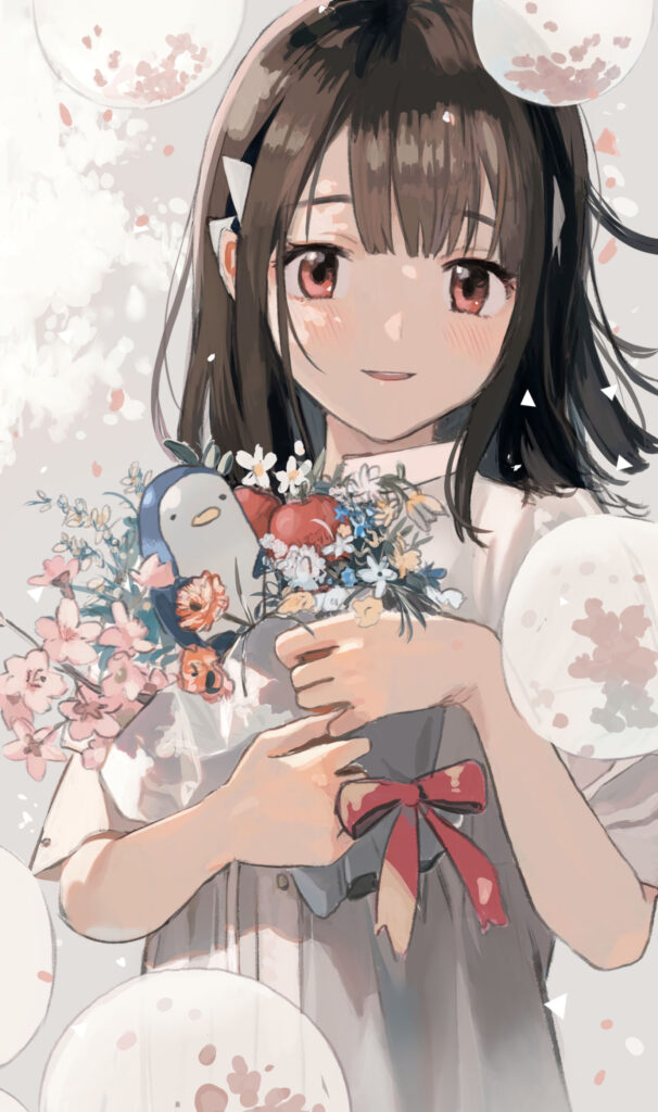 Charming Anime Girl with Bouquet - Pastel Wallpaper Background