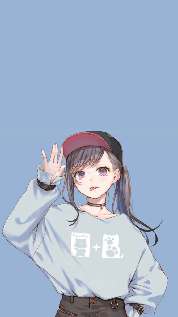 Charming Anime Wallpaper: Trendy Teenage Girl in Soft Blue
