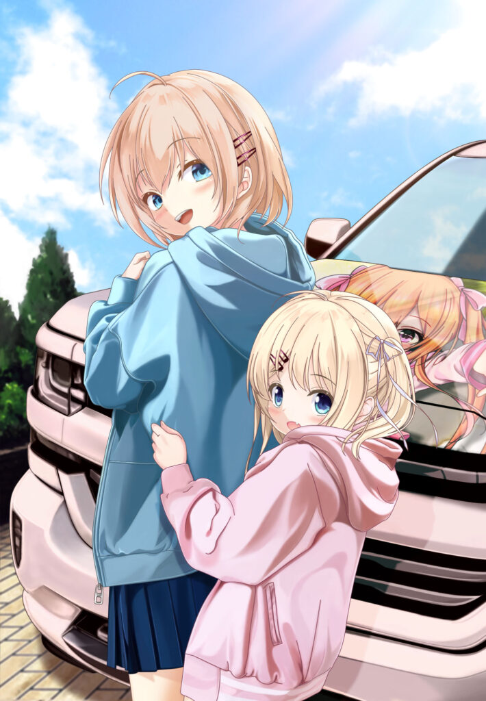 Charming Anime Wallpaper: Friends in Hoodies by a Car