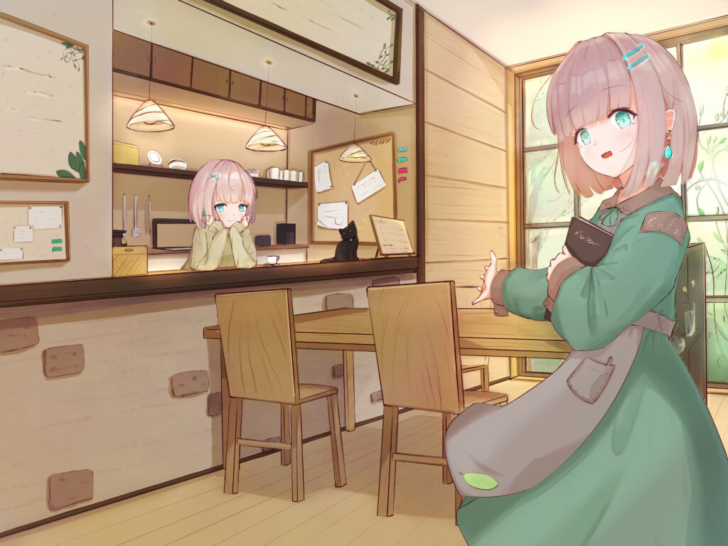 Charming Anime Cafe Wallpaper: Welcoming Waitress in Cozy Ambiance