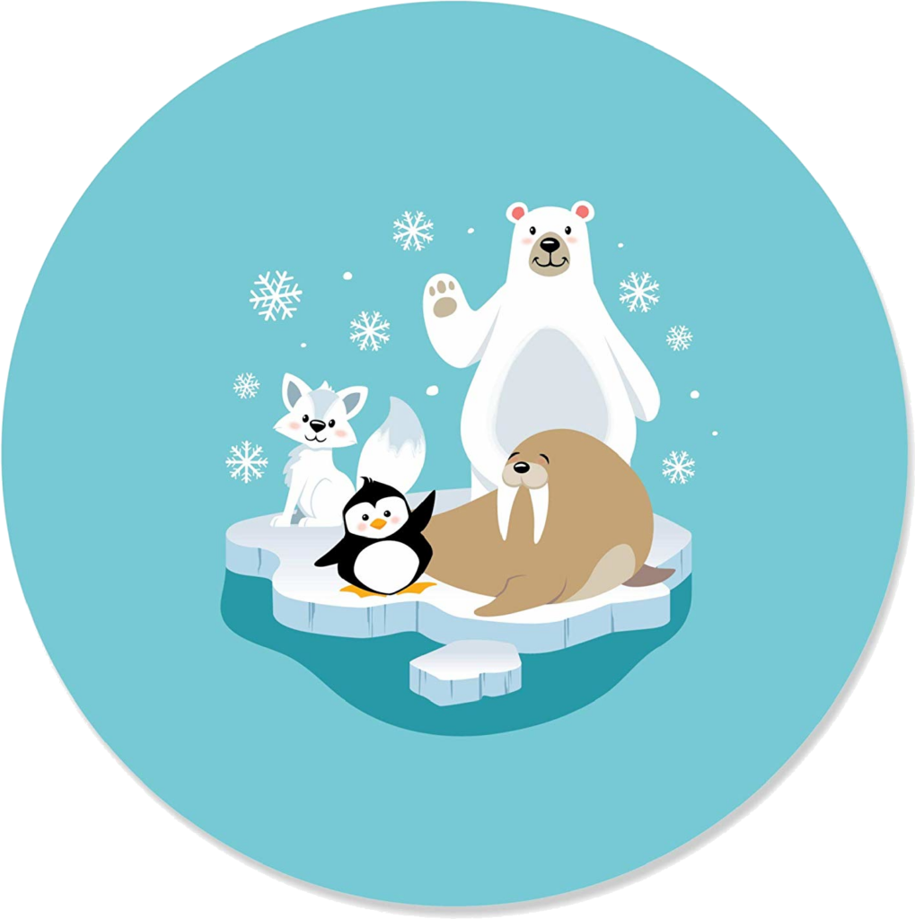 Playful Arctic Animals Cartoon on Icy Platform with Snowflakes Wallpaper