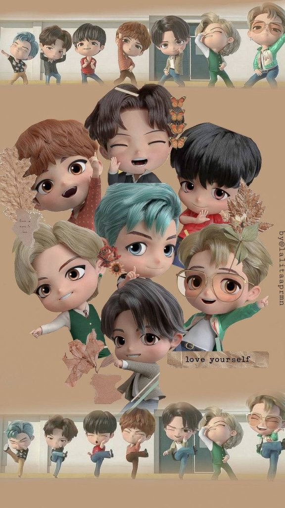 Cute BTS TinyTan 3D chibi collage with warm vintage leaves and Love Yourself theme wallpaper