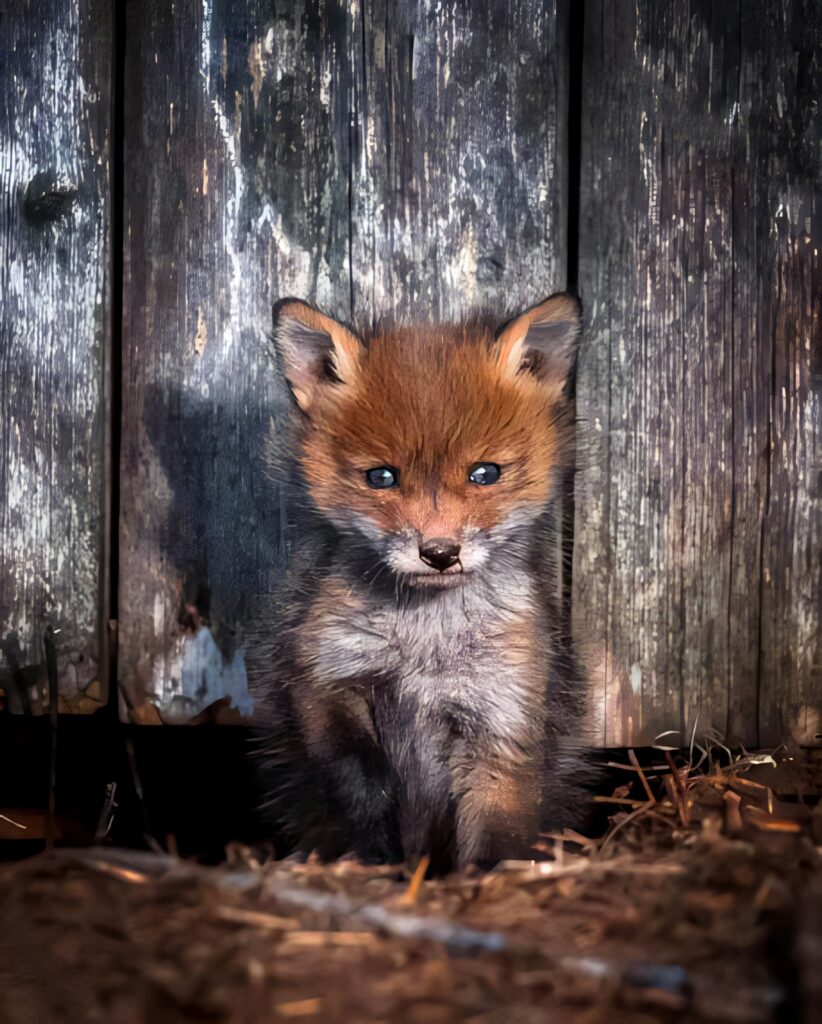 Charming Baby Fox Wallpaper: Fluffy Fur & Rustic Wooden Background