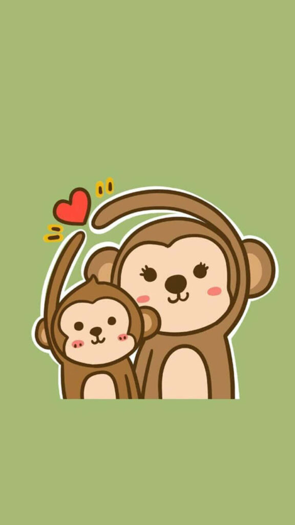 Cheerful Baby Monkey Wallpaper with Parent & Heart - Soft Green