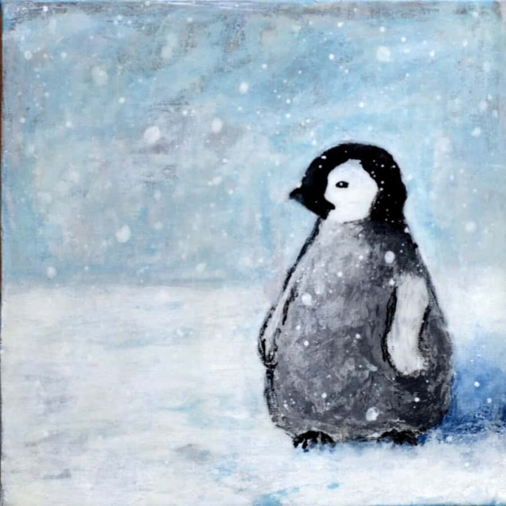 Charming Baby Penguin Napping in Serene Snowy Landscape Illustration Wallpaper