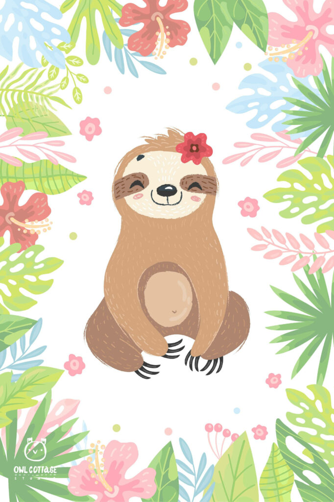 Charming Baby Sloth Wallpaper with Tropical Leaves & Vibrant Flowers