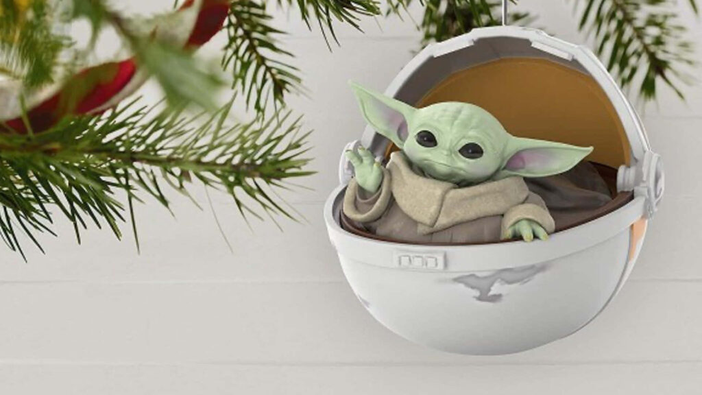Charming Baby Yoda Christmas Ornament Wallpaper for a Cozy Holiday