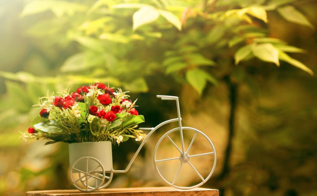 Charming Bicycle with Red Flowers on Soft Leafy Background Wallpaper