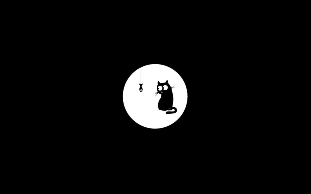 Charming Black & White Cat Cartoon Wallpaper on Solid Black Background