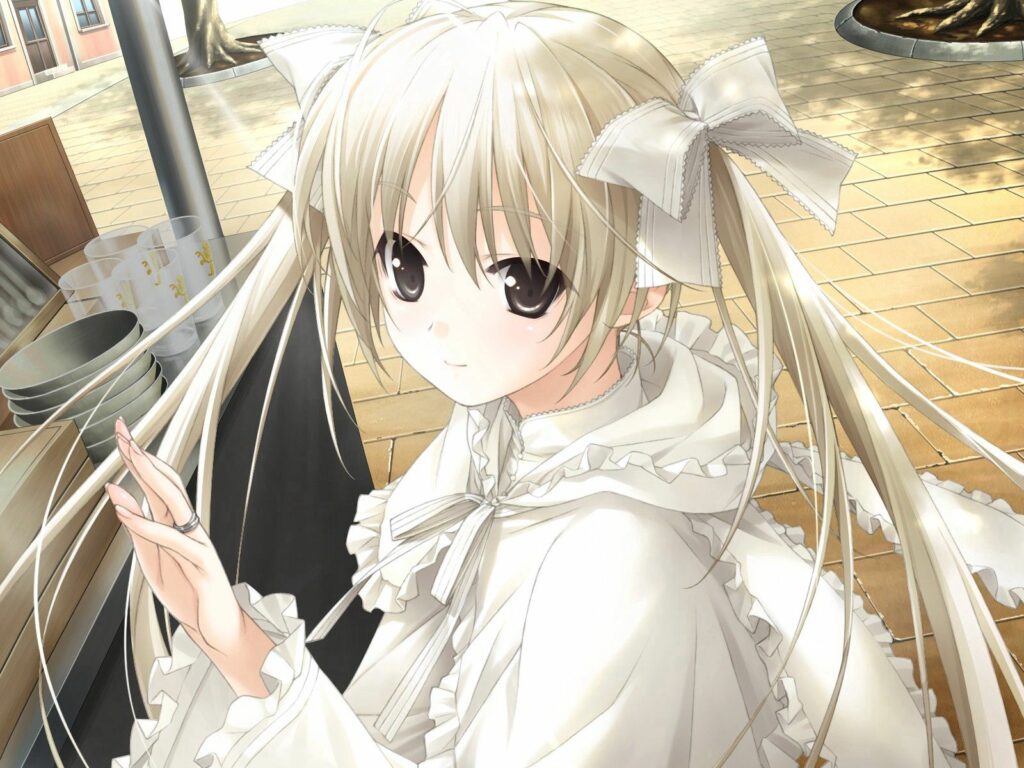 Charming Anime Wallpaper: Blonde Girl with Ribbons & Gentle Smile
