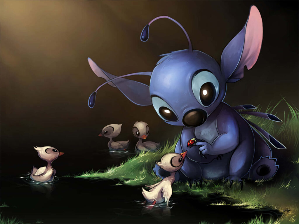 Adorable Blue Alien by Pond with Curious Ducklings Wallpaper