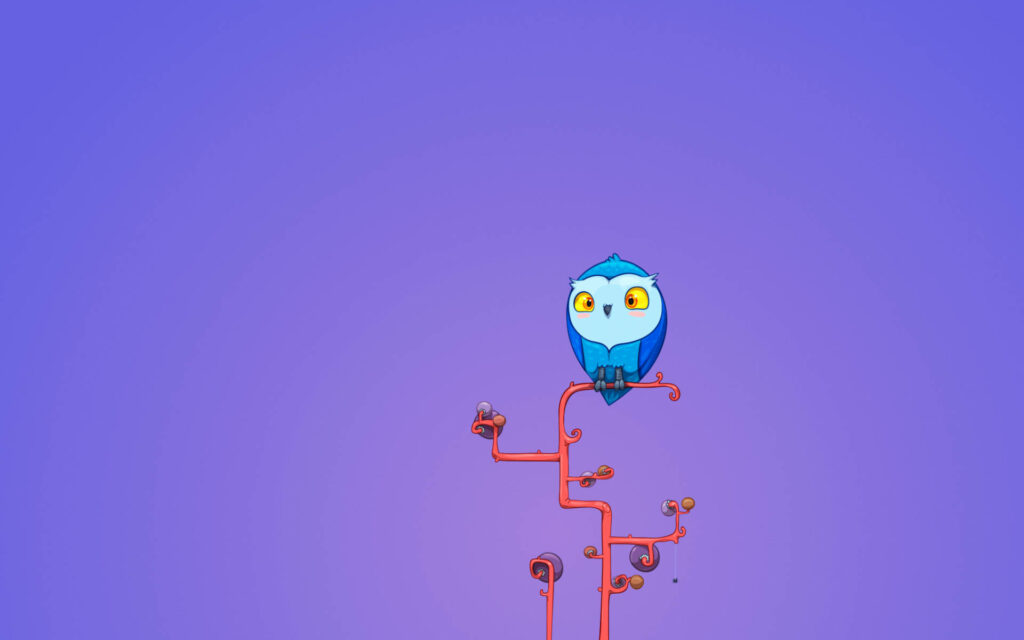 Charming Blue Owl on Whimsical Branch - Soothing Purple Background Wallpaper