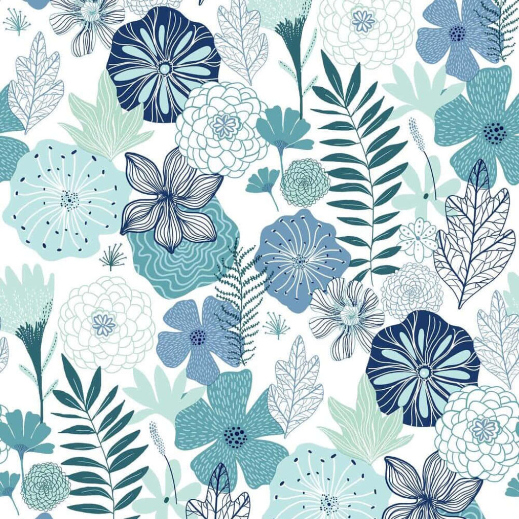 Charming Botanical Wallpaper: Blue & Green Floral Elegance