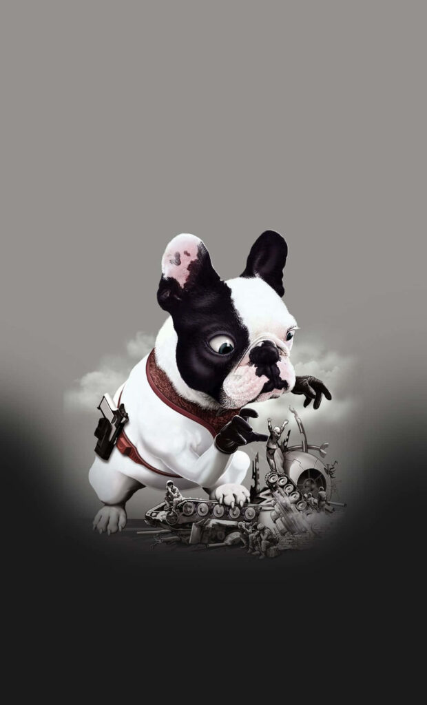 Playful Bulldog vs. Mini Tank Wallpaper - Humorous Cartoon Background