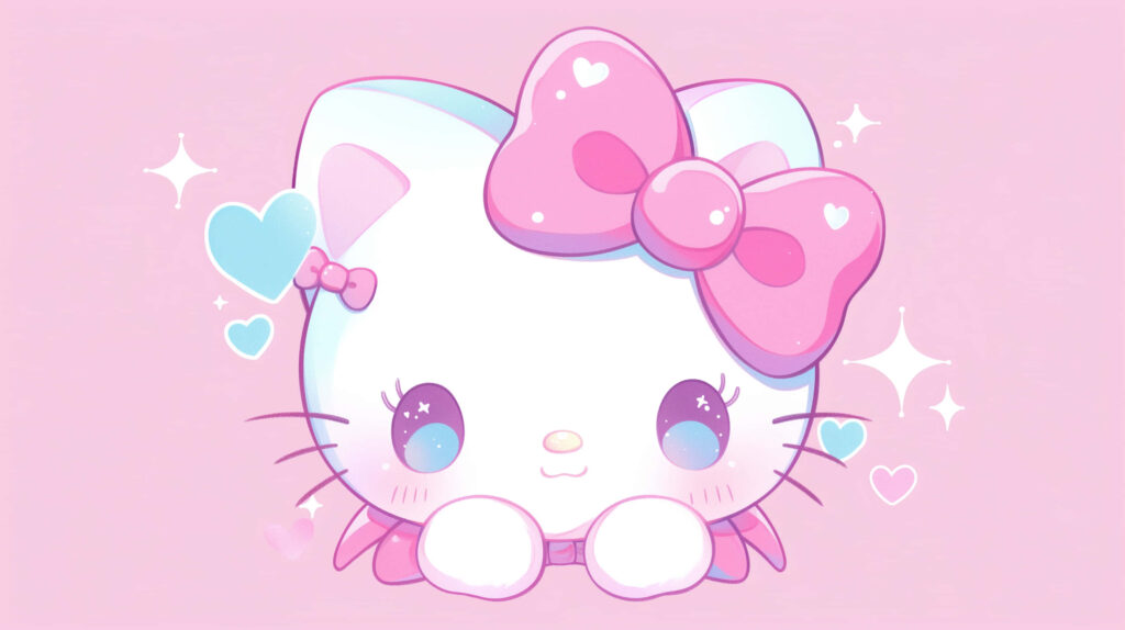Charming Cartoon Cat Wallpaper: Cute Pink Bow & Sparkles