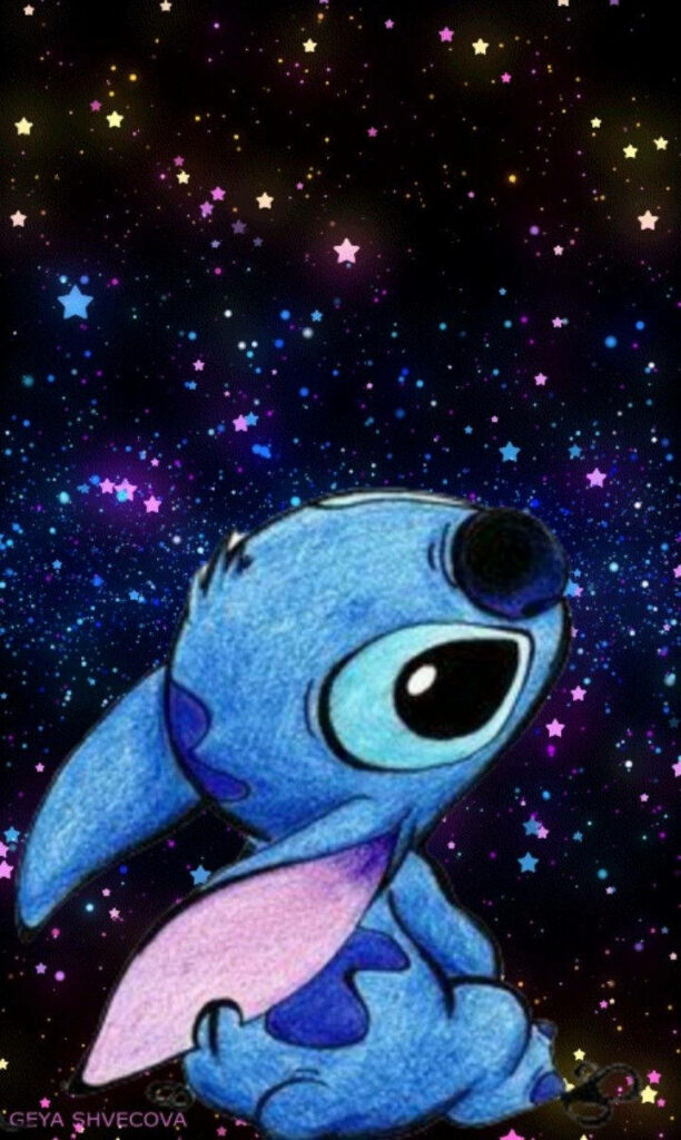 Charming Blue Cartoon Character in Colorful Galaxy Wallpaper