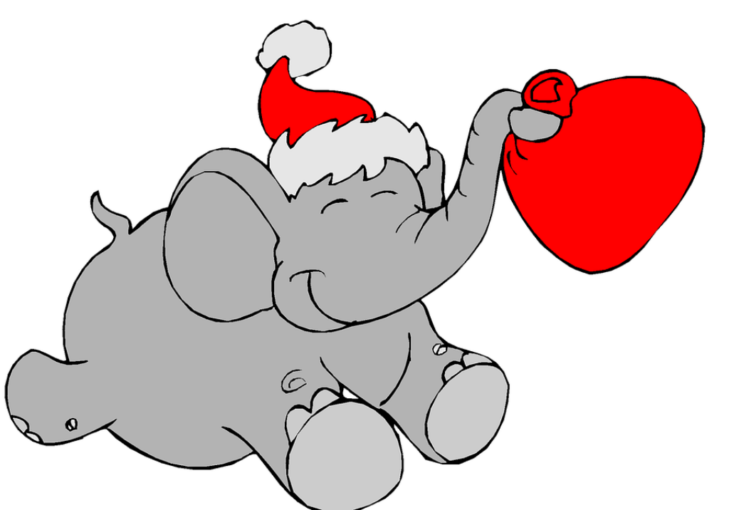 Festive Cartoon Elephant with Santa Hat & Heart Wallpaper
