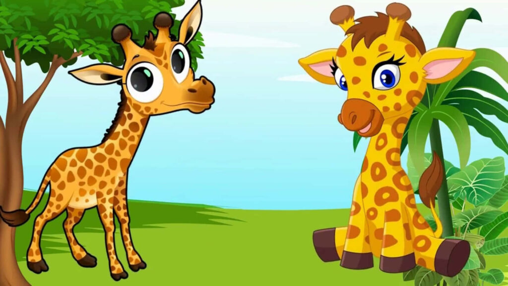 Charming Cartoon Giraffes in Vibrant Nature Wallpaper Background