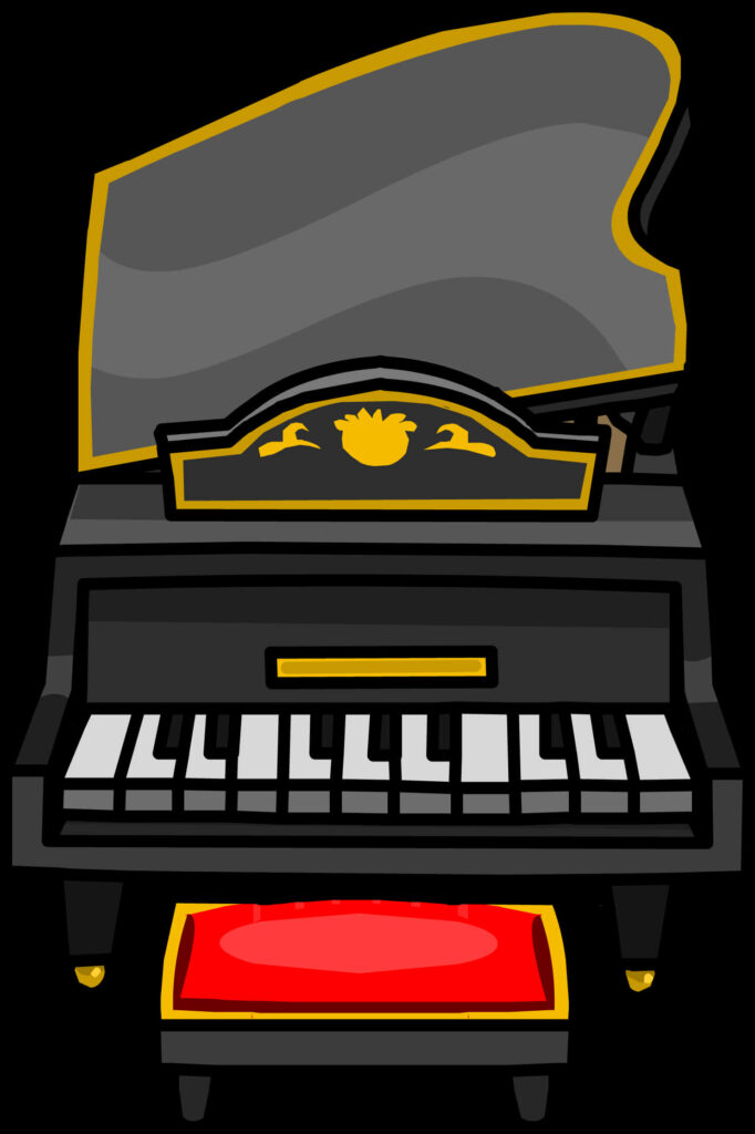 Charming Cartoon Grand Piano Wallpaper with Black, Gold & Red Accent