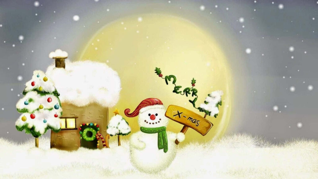 Charming Cartoon Snowman Wallpaper for a Cozy Christmas Scene