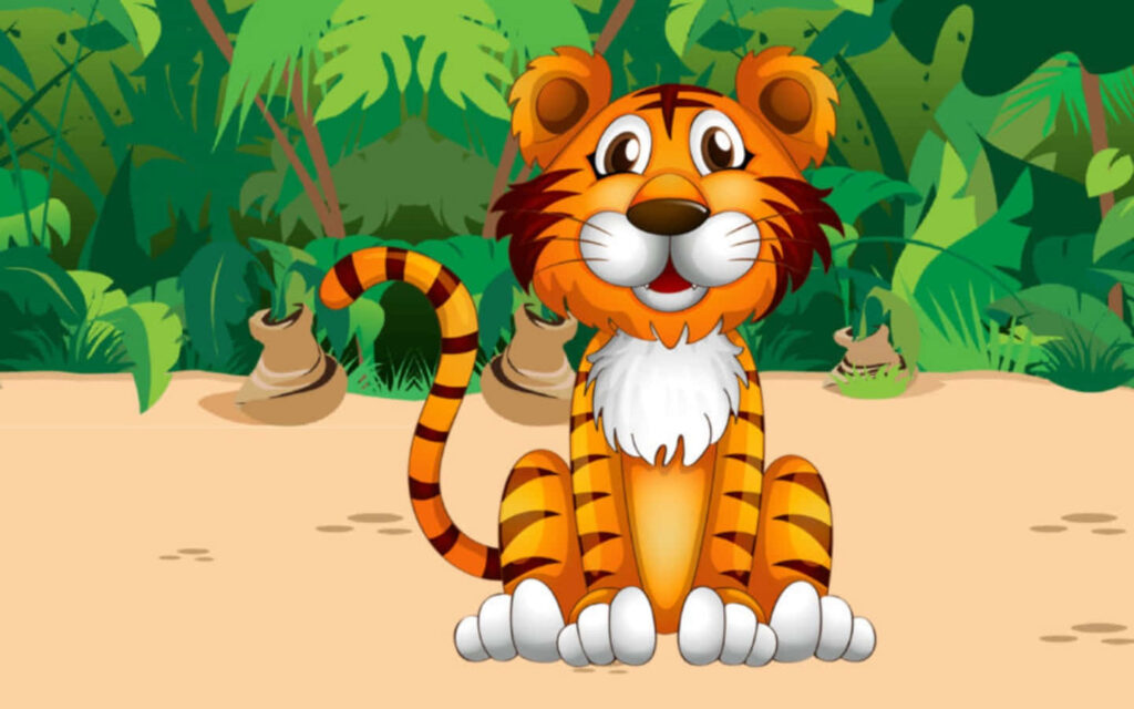 Charming Cartoon Tiger in Lush Jungle - Playful Wallpaper Background