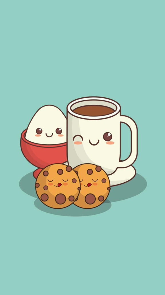 Charming Cartoon Treats Wallpaper: Smiling Coffee Cup & Cookies