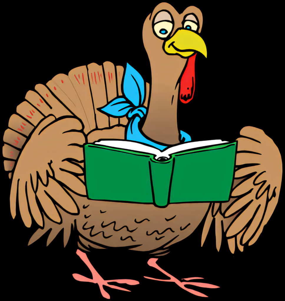 Playful Cartoon Turkey Reading a Green Book with Blue Bandana Wallpaper