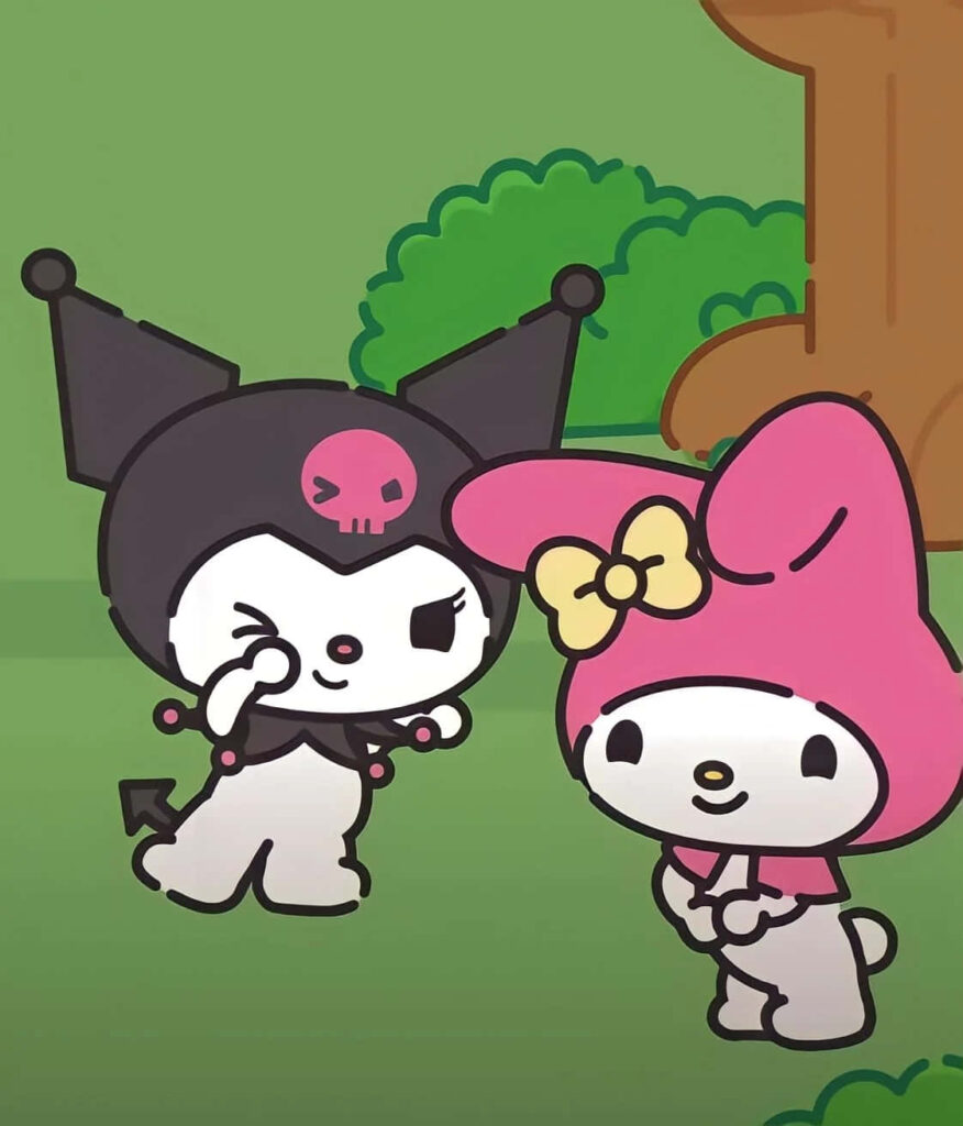 Charming Outdoor Cartoon Encounter: Adorable Characters in Greenery Wallpaper