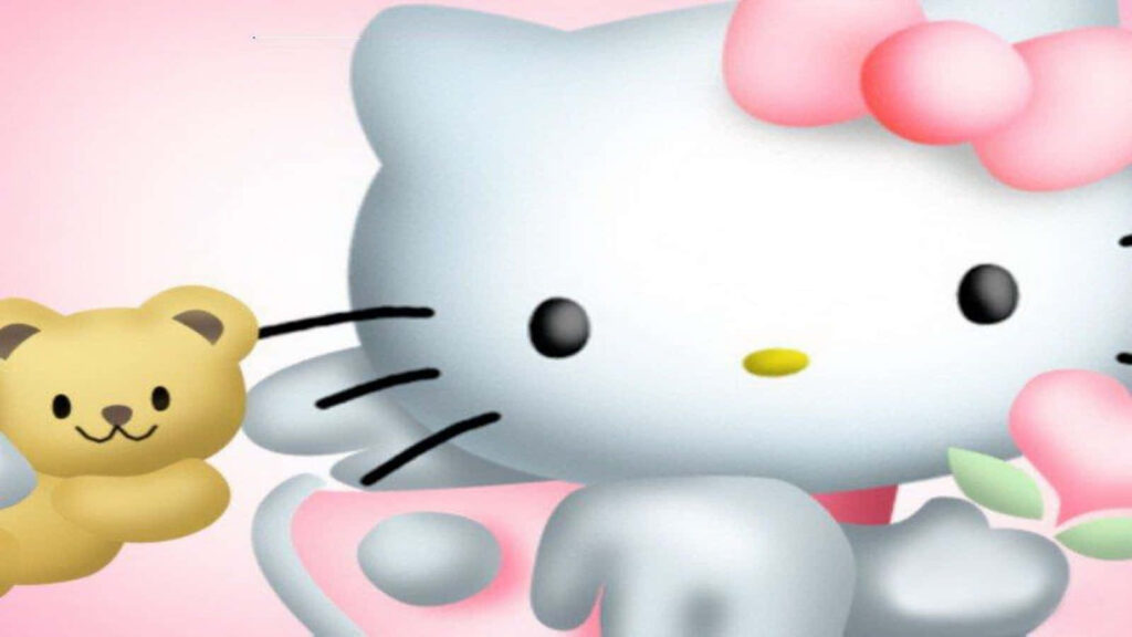 Charming Pink Background Wallpaper with Cute Cat and Bear Design