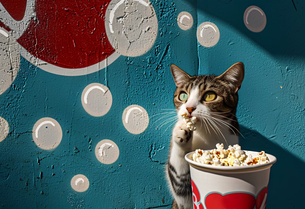 Charming Cat with Heterochromia Playing with Popcorn - Colorful Art Wallpaper
