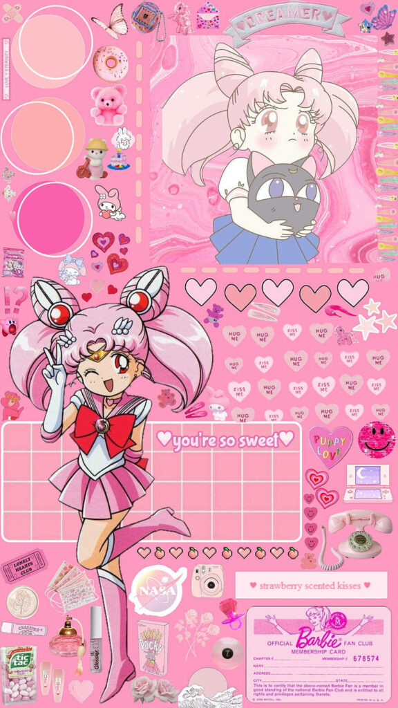 Pink Kawaii Delight: Chibiusa, the Adorable Sailor Moon Character, Poses in a Patterned Wonderland Wallpaper