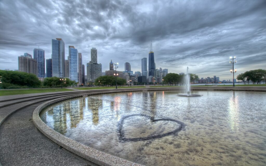Charming Chicago Skyline HDR Wallpaper with Fountain Reflection
