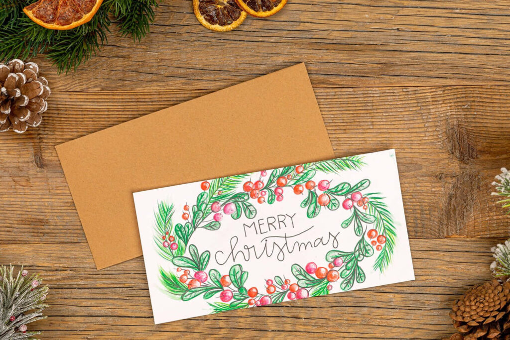 Charming Hand-Drawn Christmas Card with Holly & Pine Cones Wallpaper
