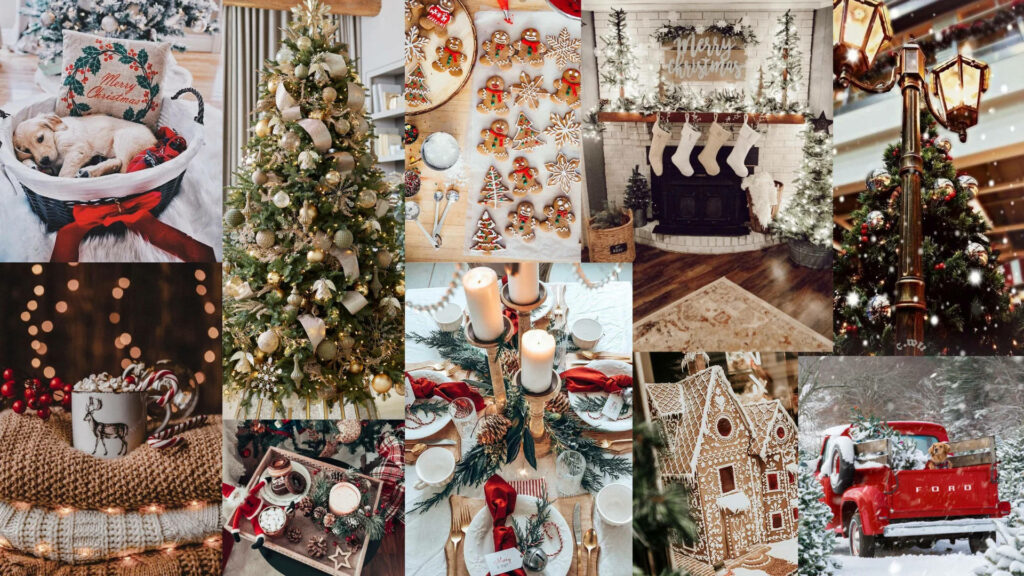 Festive Christmas Collage Wallpaper: Trees, Cookies & Cozy Decor
